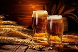 drink pint gold foam alcohol beverage pub beer lager glass. Generative AI. photo