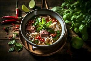bowl hot asian meal japanese soup lunch vegetable noodle background food. Generative AI. photo