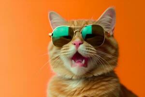 neon animal fashion funny portrait sunglasses cute cat colourful pet. Generative AI. photo