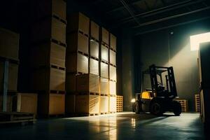 box delivery storage distribution logistic forklift transportation cargo warehouse sun. Generative AI. photo