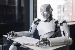 office technology digital paper ai laptop artificial robot document hand. . photo