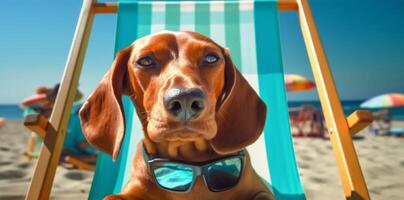 dog beach lazy vacation chair relax sunglasses pet summer funny. . photo