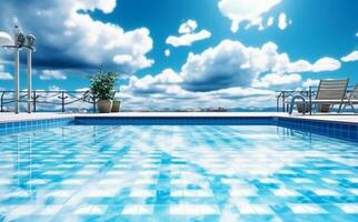grande relajación hogar lujo palma piscina nadando azul agua verano. generativo ai. foto