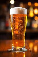 foam drink glass lager pint beverage pub gold alcohol beer. Generative AI. photo