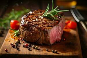 background red meat fried beef food raw bar-b-q steak grill dark. Generative AI. photo