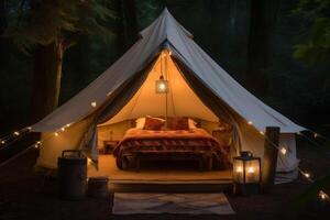 light luxury camping forest tent glamping travel vacation nature canvas. Generative AI. photo