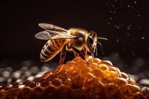 background insect closeup nectar bee macro honey gold yellow nature pollen. Generative AI. photo