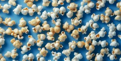 entertainment cinema blue white box poster background popcorn food corn snack. Generative AI. photo