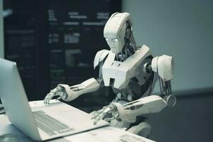 hand digital paper document robot laptop office technology ai artificial. Generative AI. photo