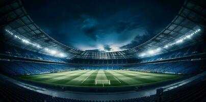 green sport soccer goal stadium game football arena light world. Generative AI. photo