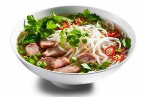broth food noodle white bowl traditional soup asian dish meal background. Generative AI. photo