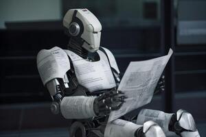 technology document artificial laptop robot paper hand digital ai office. . photo