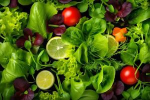 green background fresh vegetable diet organic healthy salad food vegetarian dark. Generative AI. photo