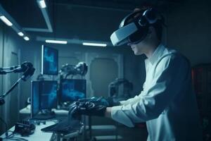 future man engineer glasses three-dimensional computer 3d robot robotic technology virtual innovation. . photo