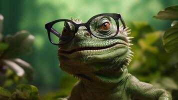 animal reptile green iguana wildlife lizard scale glasses portrait close-up. . photo