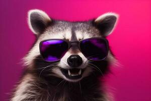 background party entertainment music young glasses fun pet raccoon portrait animal. Generative AI. photo