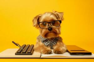 dog business animal humor funny financial background pet computer yellow finance. Generative AI. photo