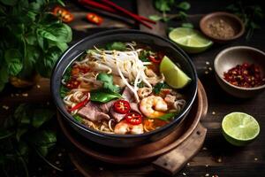 soup meal background japanese meat vegetable asian hot noodle bowl food. Generative AI. photo