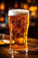 foam pub drink glass gold beer beverage lager pint alcohol. Generative AI. photo