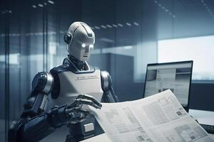 paper digital document artificial technology laptop office ai hand robot. . photo
