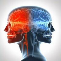 brain head medicine blue headache x-ray pain medical anatomy red. Generative AI. photo
