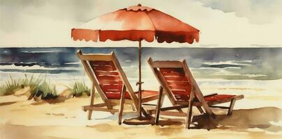 relax rest summer water umbrella background beach vacation resort watercolor chair. Generative AI. photo