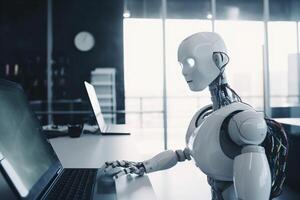 paper ai technology digital robot hand artificial document laptop office. . photo