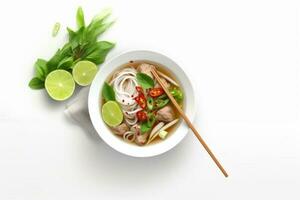 white meal broth background food asian dish bowl soup traditional noodle. Generative AI. photo