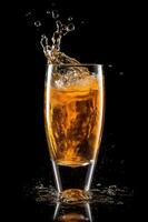 glass background splash beer bubble gold drink alcohol foam gradient cold. Generative AI. photo