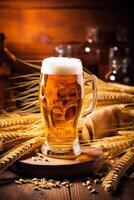 beer pub drink glass pint alcohol beverage gold foam lager. Generative AI. photo