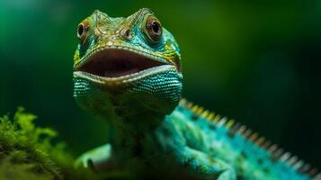 scale glasses reptile portrait lizard wildlife iguana green close-up animal. Generative AI. photo