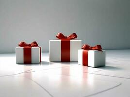 box present white gift christmas ribbon isolated red package surprise. Generative AI. photo