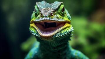 glasses wildlife iguana lizard green reptile animal close-up scale portrait. Generative AI. photo