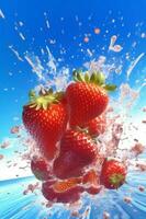 background blue healthy fresh food water red splash fruit strawberry freshness. Generative AI. photo