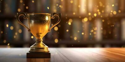 champion prize award competition celebration gold bokeh library cup trophy. Generative AI. photo