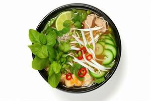 white bowl soup broth dish asian traditional food noodle tasty background. Generative AI. photo