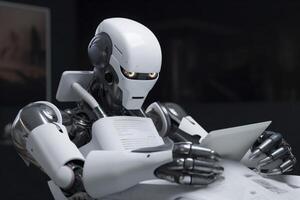 paper technology robot artificial office digital hand laptop document ai. . photo