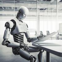laptop office ai document artificial robot hand digital technology paper. . photo