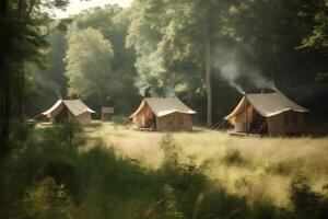 viaje ligero lona vacaciones bosque naturaleza tienda glamping cámping lujo. generativo ai. foto