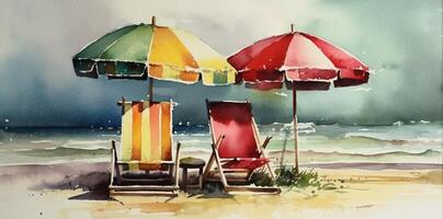 tropical watercolor background vacation chair umbrella resort beach summer relax rest. Generative AI. photo