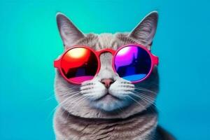 gato gracioso neón animal mascota Gafas de sol Moda linda vistoso retrato. generativo ai. foto