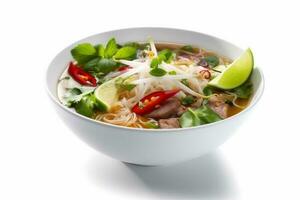 broth background food plate traditional noodle asian white soup bowl dish. Generative AI. photo