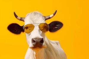 cute animal head character face cow funny portrait sunglasses colourful. Generative AI. photo