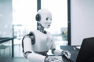 digital office ai paper document laptop hand artificial robot technology. . photo