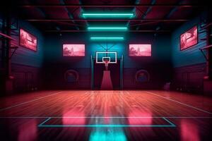 basketball game background arena modern indoor neon empty hall corridor interior hallway. Generative AI. photo