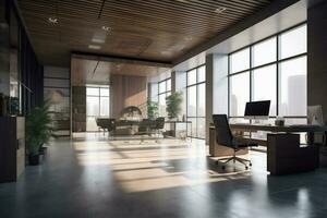 bright room workplace chair window modern desk interior negotiating office furniture. Generative AI. photo