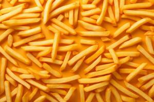 meal fat potato french junk fry tasty food chip snack background. Generative AI. photo