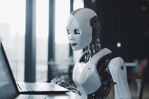 office paper technology artificial hand ai digital robot laptop document. . photo