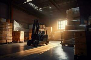 storage sun box distribution logistic warehouse cargo delivery transportation forklift. Generative AI. photo