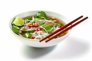 white traditional background bowl dish broth food soup asian spicy noodle. Generative AI. photo